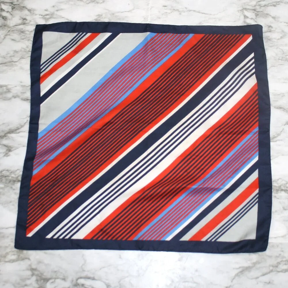 VINTAGE Scarf Square Striped Headscarf Colorful Small Patriotic Red White Blue
